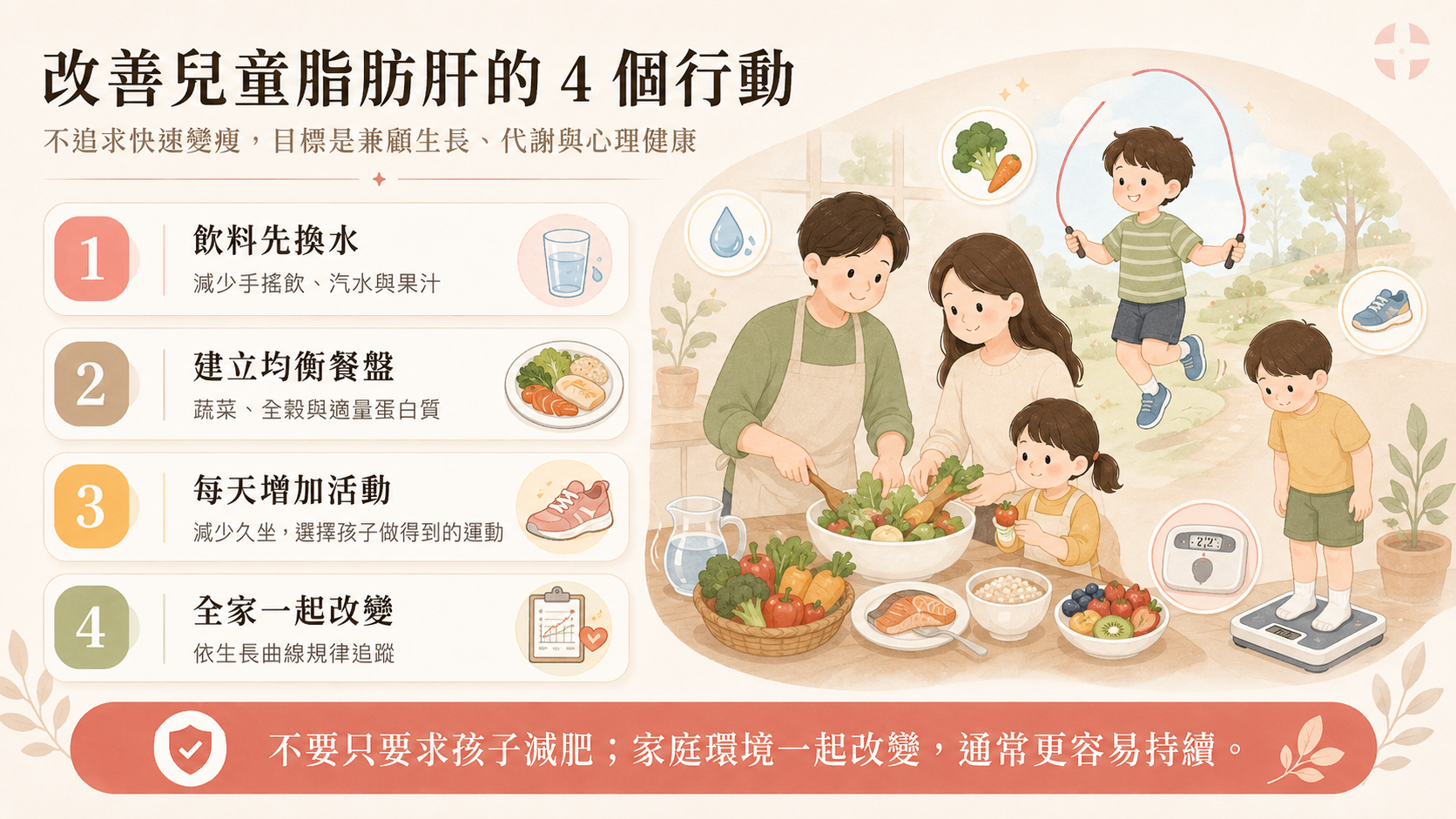 改善兒童脂肪肝的家庭行動圖,包括少喝含糖飲料、均衡飲食、增加活動及規律追蹤。`