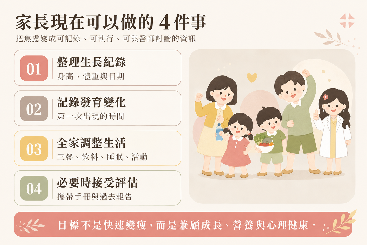 孩子骨齡超前或體重異常時,家長可以整理生長紀錄、記錄發育變化、調整家庭生活並接受專業評估。
