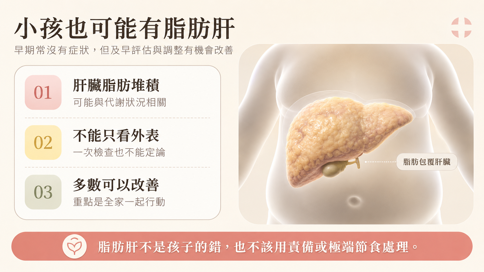 陳如瑩醫師向家長與孩子說明兒童脂肪肝及肝臟脂肪堆積的示意圖。